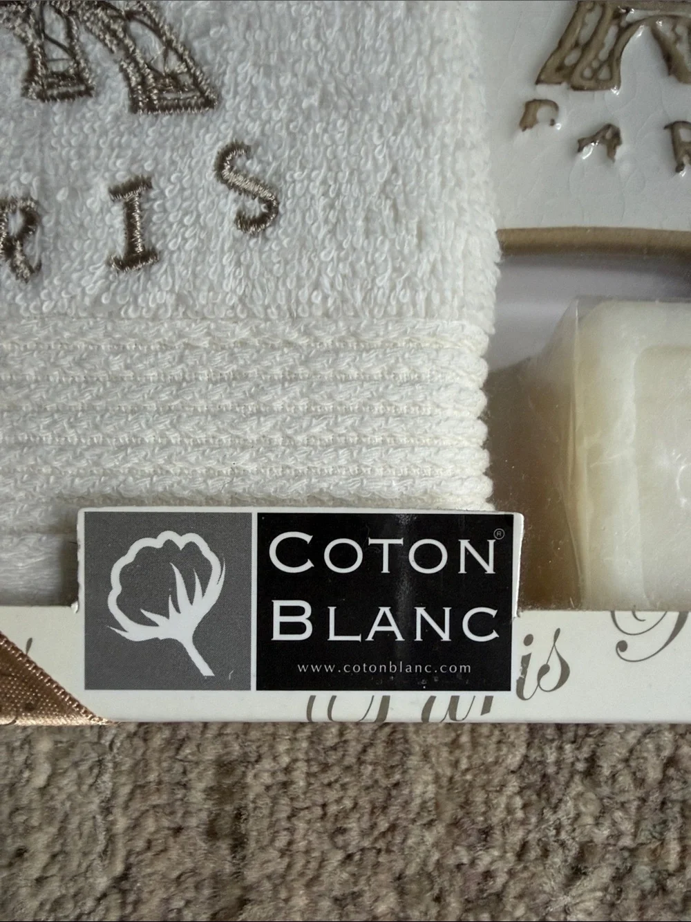 NIB Coton Blanc Paris Eiffel Tower Guest Towel, Soap Dish & Soap Gift Set – Made